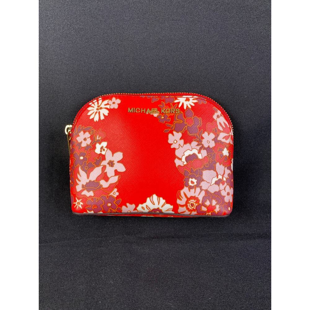 MICHAEL KORS JETSET Red Floral Cosmetic Makeup Travel Zip Pouch Case